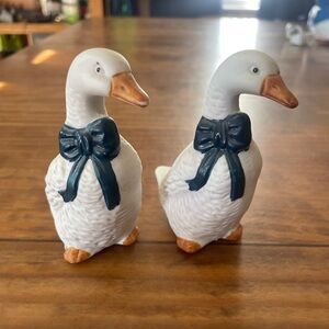 Vintage Ceramic Goose Figurines with Blue Bows Small Set Home Decor